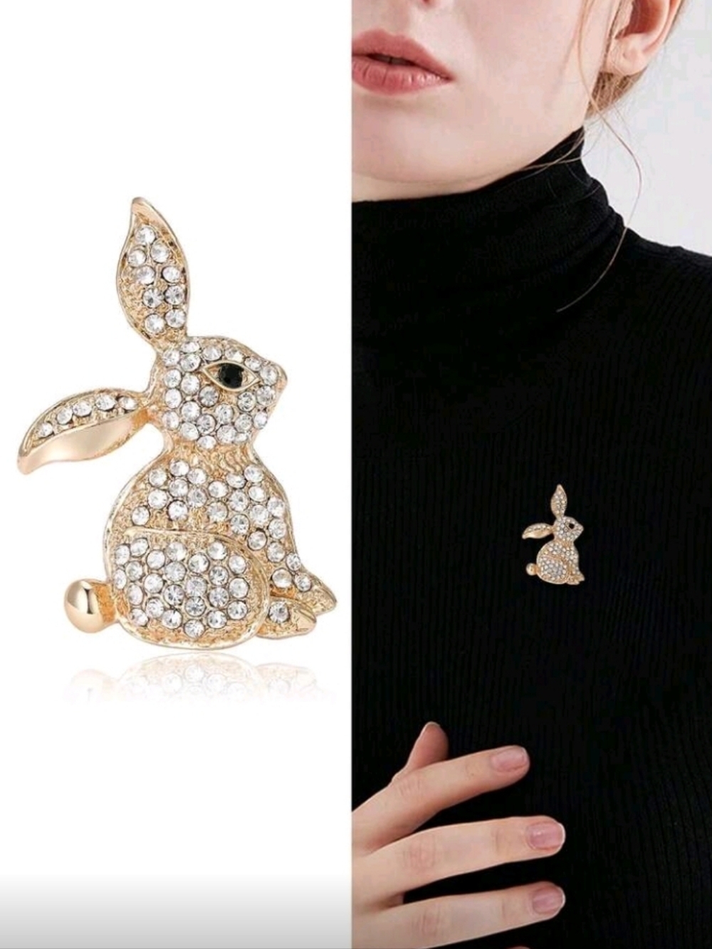 Gold Rhinestone Bunny Brooch Pin - Picture 2 of 4